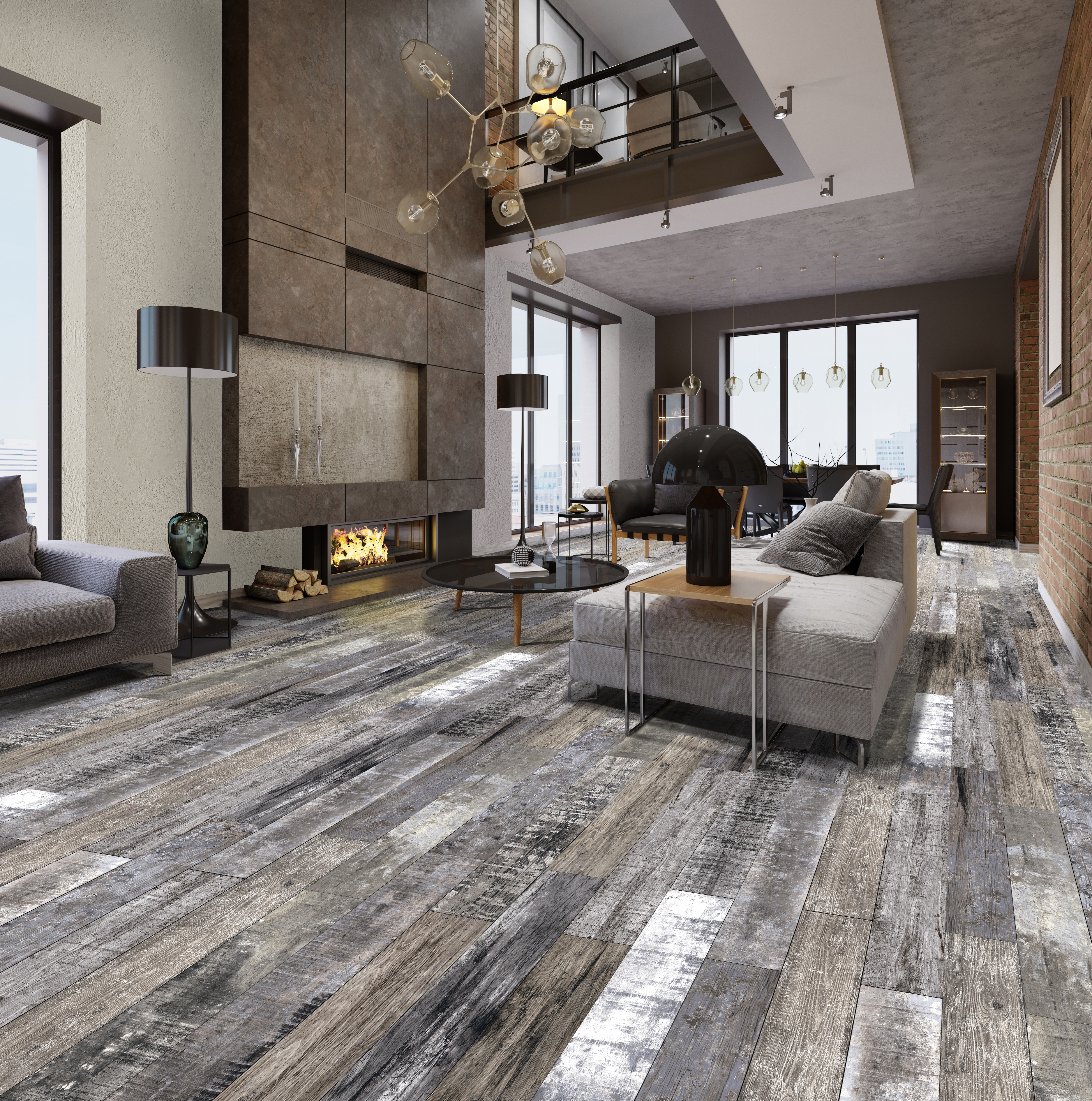 White and gray sofa and leather armchair with a magazine table and a large designer fireplace in a loft-style apartment with a living room and brick walls.